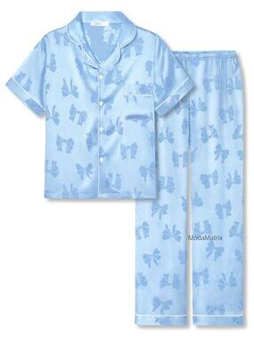 Girls Silky Satin Pajama Set 2-Piece Button-Up Top & Pants Short Sleeve